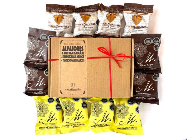 Caja 12 alfajores mixtos; mazapán, tradicional negro y tradicional blanco